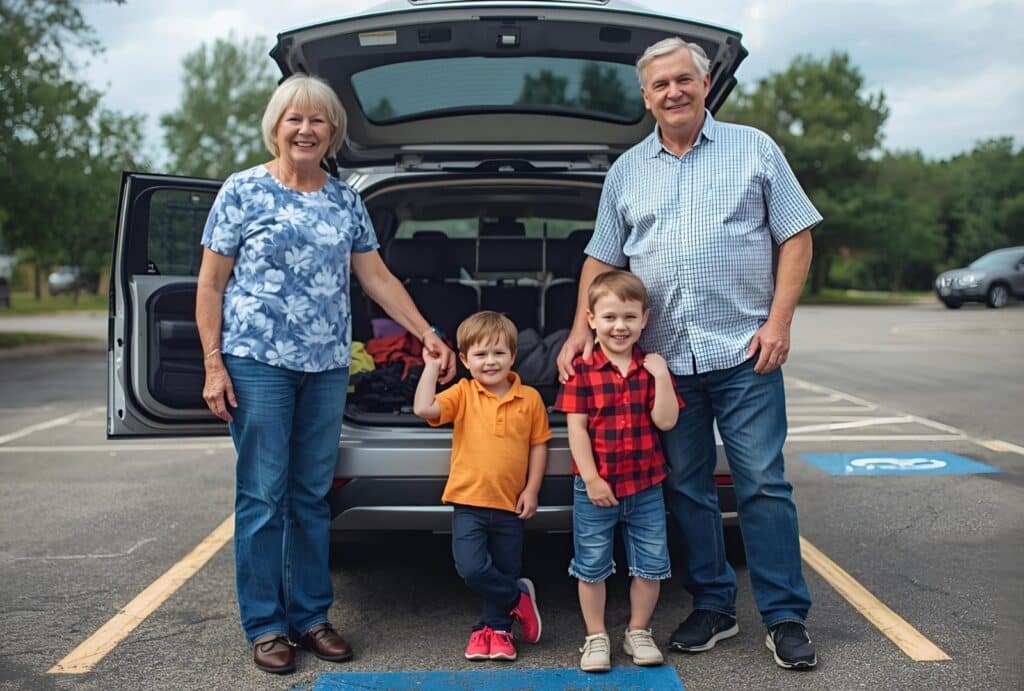 משפחה מאושרת: סבא וסבתא עם שני נכדים קטנים עומדים ליד תא המטען הפתוח של רכב פרטי בחניית נכים כחולה, סמל לנגישות וקלות תנועה עם תו נכה לרכב פרטי.